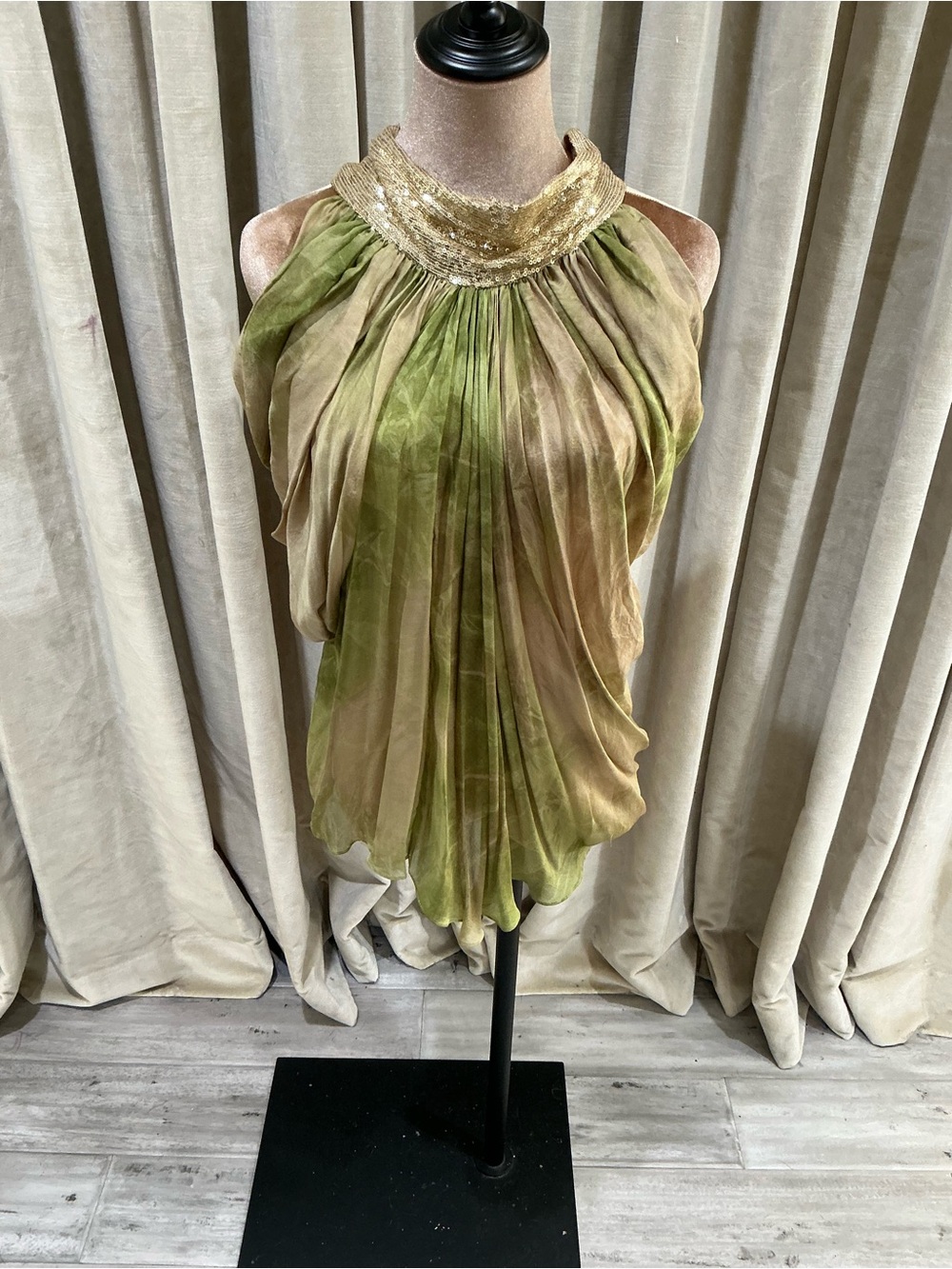 Plein Sud Green & Tan Sequin Halter Pleated Camisole